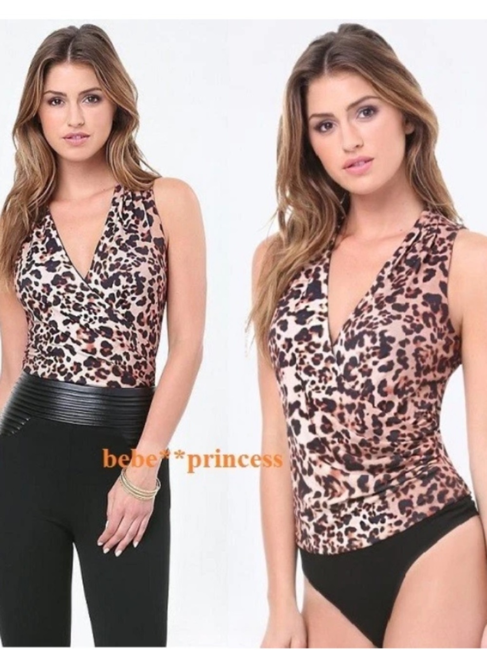 NWT Bebe leopard pattern print black v neck sleeveless bodysuit top